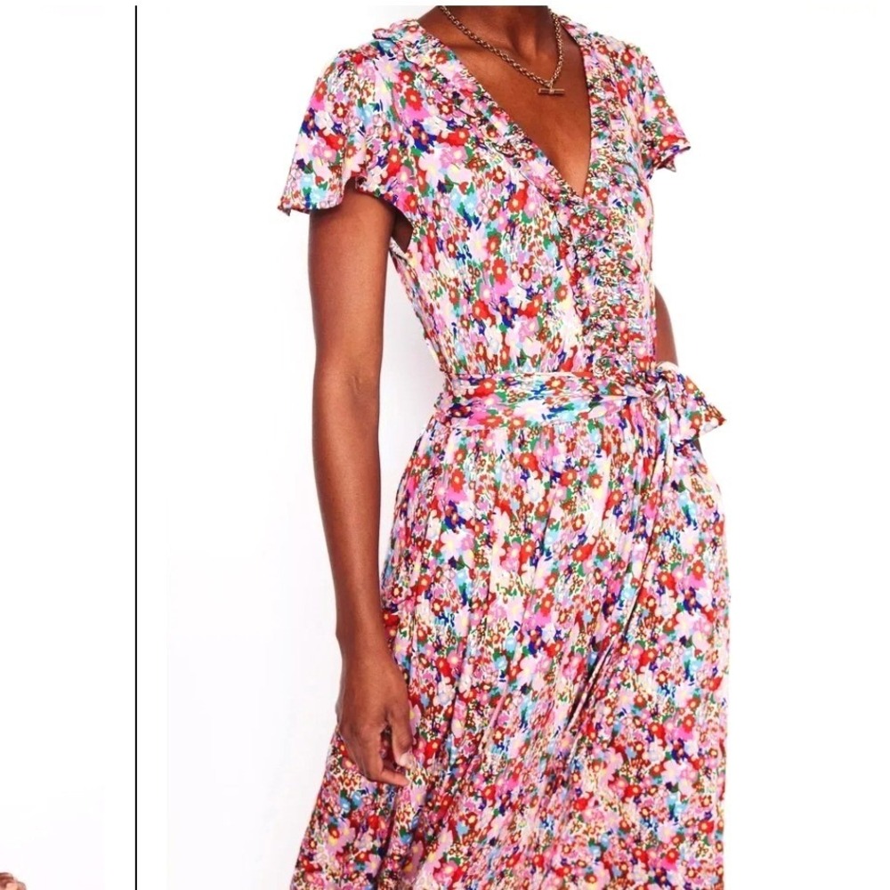 Boden Womens 2 Nicola Jersey Maxi Dress Pink Floral Ruffle V-Neck Belted Flutter